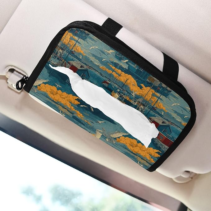Car Tissue Holder Car Visor Organizer Tissue Box Holder for Car Sun Visor Organizer with Car Vehicle Accessories Essentials Interior for Women Men Blue Boat Seagull Cloud Harbor