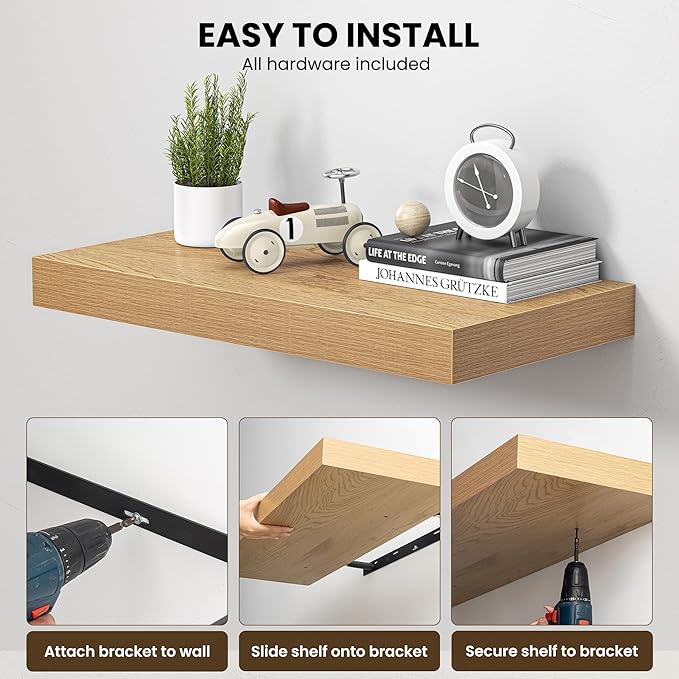 Dreamland 24" Floating Shelves for Wall, 12" Deep Thicker Oak Floating Shelves, Wall-Mounted Shelves for Bedroom, Living Room