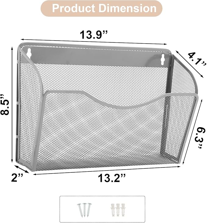 EASEPRES 3 Single Pocket Mesh Hanging File Organizer, Vertical Wall Mounted Magazine File Holder, Mount Basket Mail Paper Doc