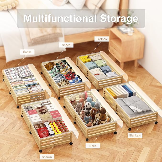 Under Bed Storage Containers With Wheels - 2 Pcs Large Bamboo Wood Rolling Underbed Shoe Storage Bins With Dust Bags for Clot
