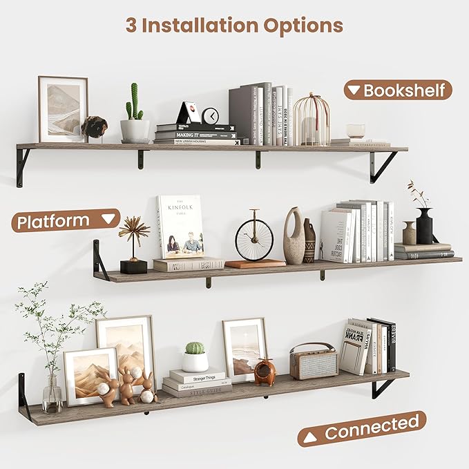 Axeman 55 Inch Floating Shelves | 8 Inch Deep Grey Wall Shelves Set of 2 | 55" W x 8" D Rustic Grey Wood Shelves for Bathroom