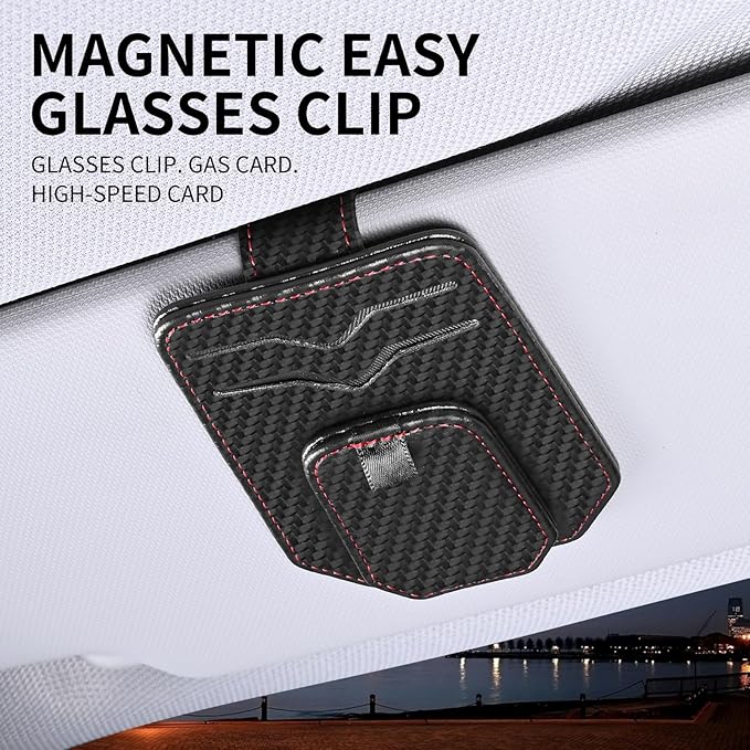 Leather Car Sun Visor Organizer with Sunglass Holder, Multifunctional Eyeglasses Ticket Credit Card Clip and Bills Storage Pocket, Universal Auto Interior Accessories(Carbon Fiber)