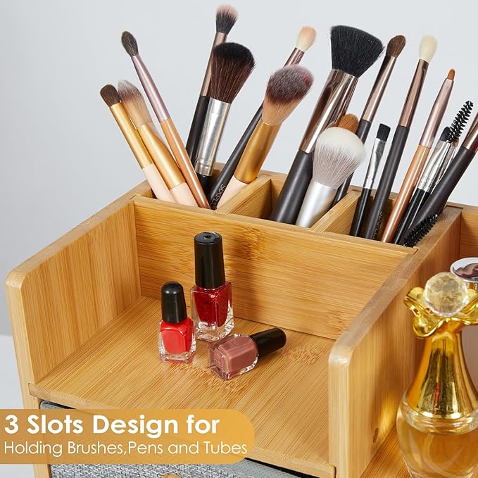 Large Makeup Organizer For Vanity, Large Capacity 3 Tiers Bamboo Bathroom Counter Organizers and Storage, Countertop Makeup B