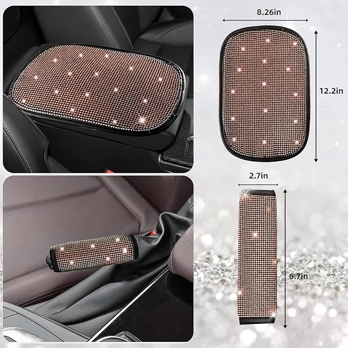 NBTEPEM 30 Pcs Bling Car Accessories Set for Women, Steering Wheel Cover Set, Bling Console Cover, Seat Belt Cushion, Shift Knob Cushion, Cup Coaster, Rhinestone Car Hanging Accessories (Champagne)