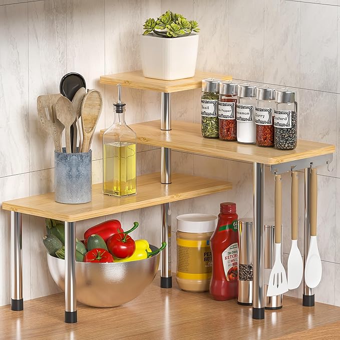 ZHWS Kitchen Countertop Organizer Spice Rack for Salt, Bathroom Counter Organizer Over Sink for Makeup, Skincare, Adjustable 