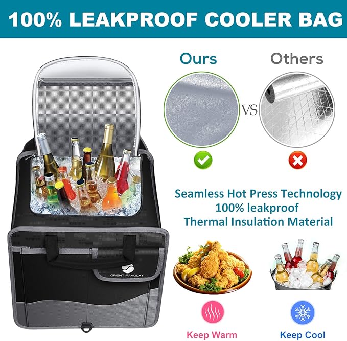 Trunk Organizer with Cooler, Collapsible Trunk Storage Container with Non Slip Bottom Strips, Large Multi-Compartment Waterproo