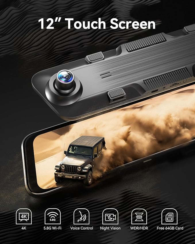 WOLFBOX 12" 4K Rear View Mirror Camera with 5.8GHz WiFi and Voice Control, Smart Mirror Dash Cam Front and Rear, Backup Camer