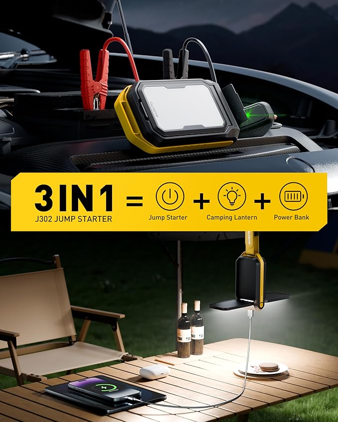 Jump Starter: 7000A Portable Car Battery-Jumper for All Gas or up to 12L Diesel, 3 in 1 Multi-Function 12V Auto Battery