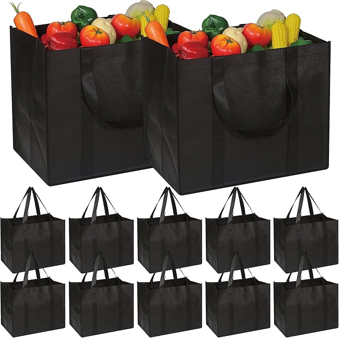 DIOMMELL 12 Pack Reusable Grocery Bags Large Foldable Heavy Duty Shopping Tote Produce Bag with Reinforced Handles for Groceries Clothes Vegetables Fruit, Black