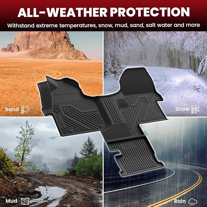 LASFIT Floor Mats for Mercedes Benz Sprinter 1500/2500/3500 2026 2025 2024 2019-2023 (Fit Cargo Van & Cab Chassis), All Weatehr TPE Floor Liners Custom Fit Sprinter 1st Row with Center Aisle Liner