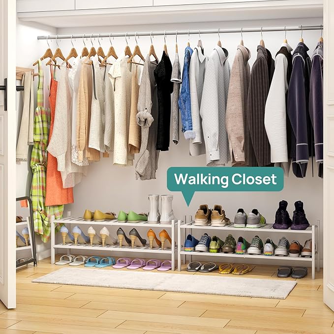 viewcare Long Shoe Rack for Entryway,Shoe Organizer for Hallway Closet, Bamboo Wood Shoe Racks for Indoor Outdoor (White, 2-T