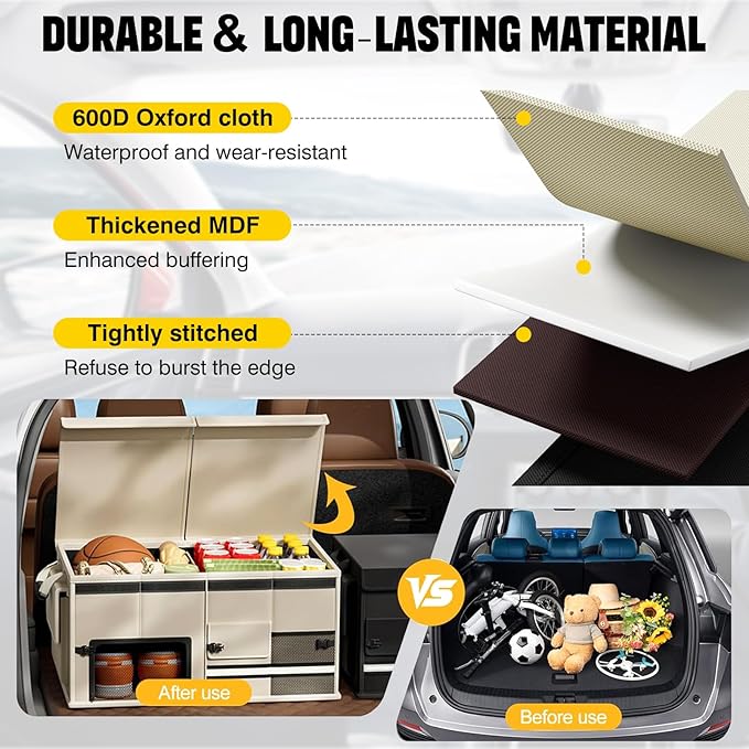 Foldable Car Trunk Organizer with Multi-Compartment - Expandable 30-60L Storage Bin, Side Mesh Pockets, Waterproof 600D Oxford