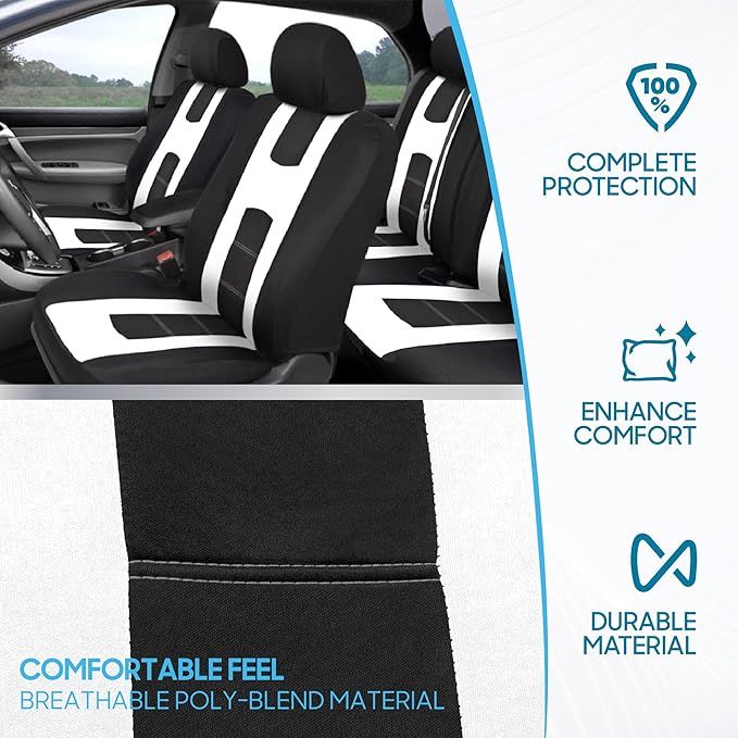 carXS Seat Covers for Cars Full Set, Black & White Car Seat Covers with Matching Rear Bench Cover, Universal Fit for Most Aut