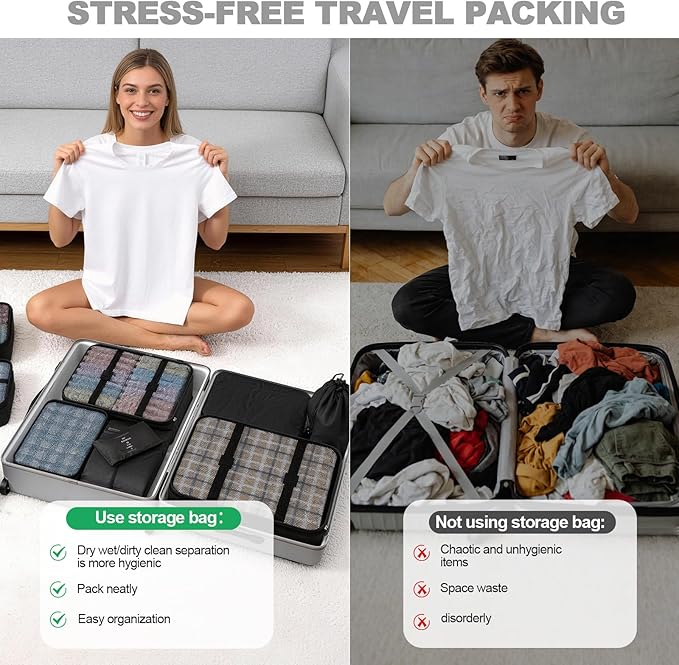 8 Set Packing Cubes for Travel,Suitcase Organizer Bags for Luggage with Shoe & Hanging Toiletry Bag, Vacation Essentials & Ac