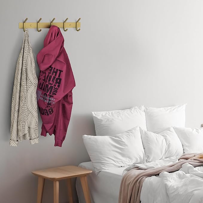 Brushed Gold Wall Mounted Coat Rack – 15 Inch Stainless Steel Rail with 5 Double Coat Hooks for Entryway, Bathroom, Bedroom, 