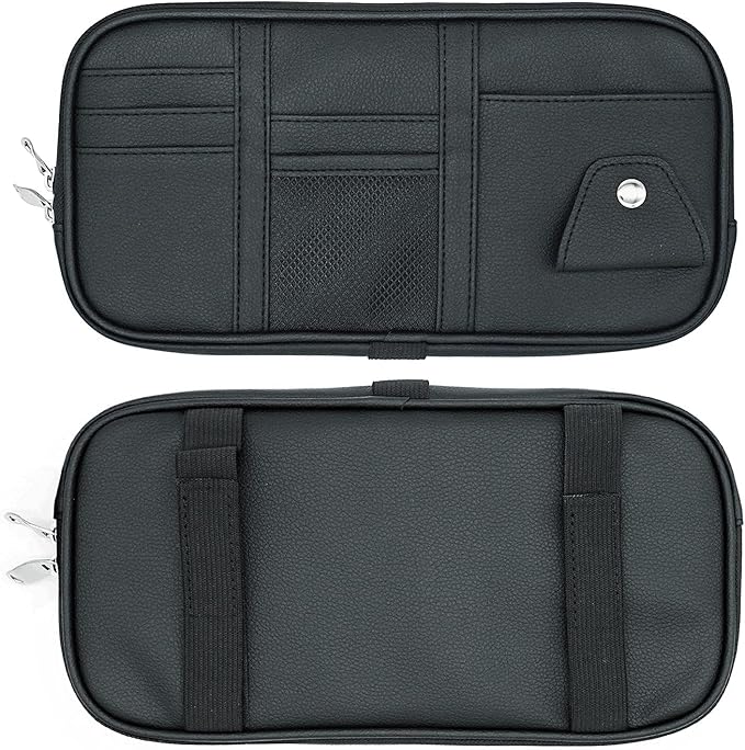 Da by Car Visor Organier Truck SUV Sun Visor Storage Pocket PU Leather Pouch Holder with Multi-Pocket Double Zipper Net Pocket, for Cards Pens Sunglasses Document (Black)