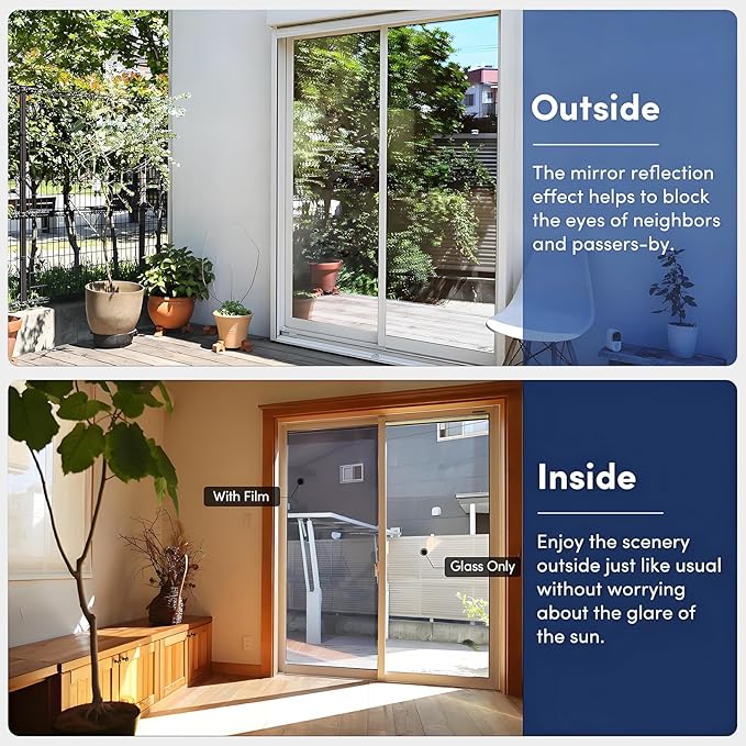 Coavas One Way Privacy Window Film, Sun Blocking Window Film See Out Not in, Heat Control Window Tint for Home, Anti UV Static Cling for Windows Office Door (Silver-Silver, 45 x 157.5 inches)