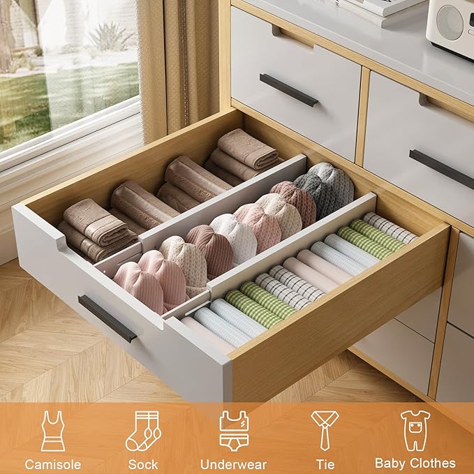 Bamboo Drawer Dividers,17-22" Adjustable Kitchen Drawer Organizer for Clothes,6 Pack Expandable Drawer Organization Separator