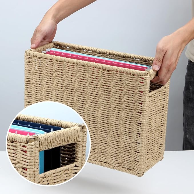14.6 x 5.9 x 10.8 Inch Large Decorative File Box, Decorative File Baskets for Seagrass Hanging Organizers Portable Letter Siz