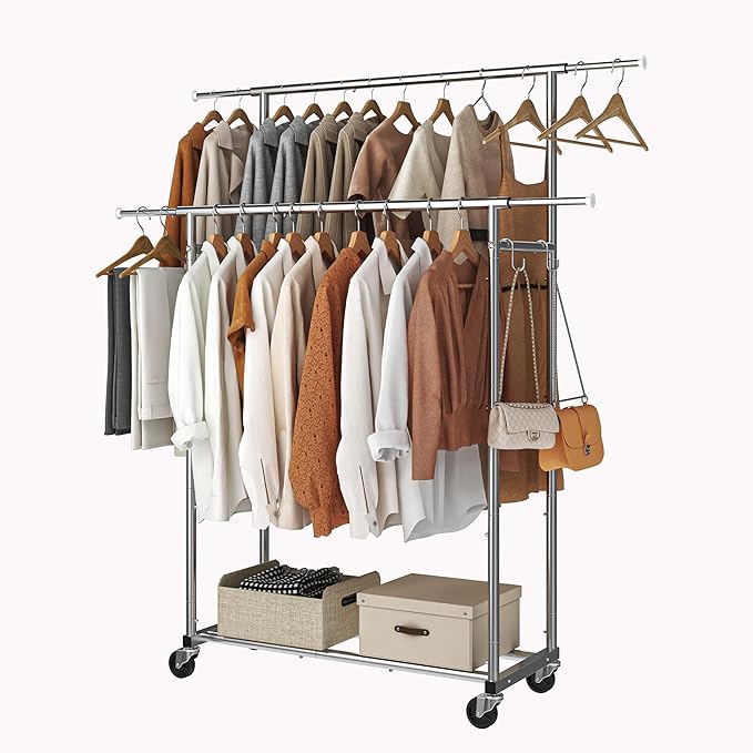 Simple Trending Double Rod Clothing Garment Rack, Rolling Clothes Organizer on Wheels for Hanging Clothes,with 4 hooks, Chrom