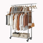 Simple Trending Double Rod Clothing Garment Rack, Rolling Clothes Organizer on Wheels for Hanging Clothes,with 4 hooks, Chrom