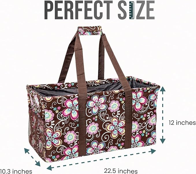 Extra Large Utility Tote Bag - Oversized Collapsible Reusable Wire Frame Rectangular Canvas Basket With Two Exterior Pockets For Beach, Pool, Laundry, Car Trunk, Storage - Brown Daisy