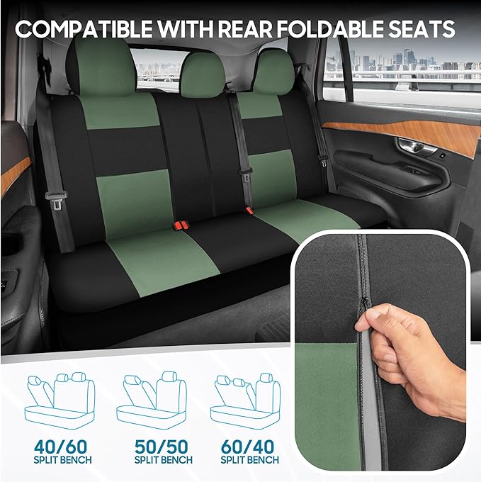 BDK PolyPro Car Seat Covers Full Set in Green on Black, Front and Rear Split Bench Seat Covers for Cars, Easy to Install Car 