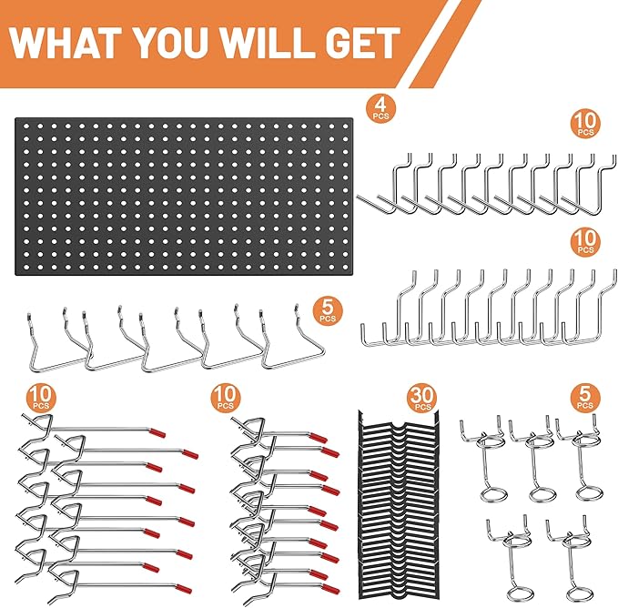 Ultrawall 4 Pack Metal Peg Board Panels with Hooks, Pegboard Wall Tool Organizer for Garage, 84pcs Peg Board with Accessories