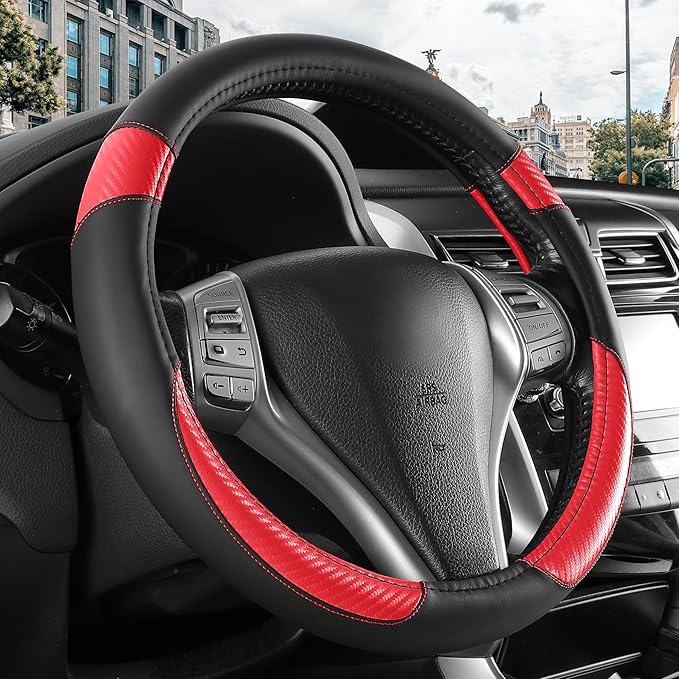 Non-Slip Car Nappa Leather Steering Wheel Cover,Universal Car Accessories Women Men Fit 14" 1/2-15" Suvs/Vans/Sedans/Cars/Tru