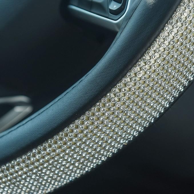 ChuLian D Sharp Diamond Leather Steering Wheel Cover with Bling Bling Crystal Rhinestones, Universal Fit 15 Inch Car Wheel Pr