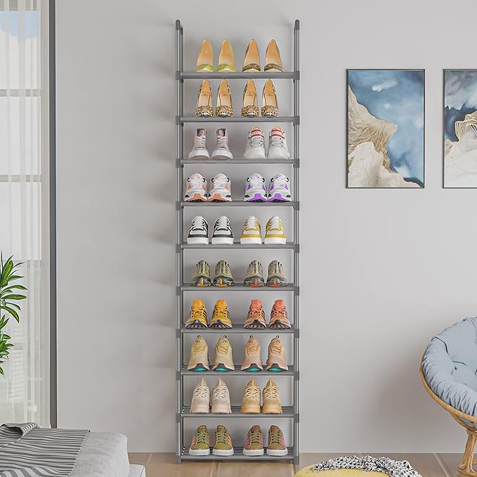 OYREL 10-Tier Metal Shoe Rack, Narrow Shoe Rack Organizer, Sturdy Shoe Shelf for Closets, Entryway, Bedroom, Garage - Silver