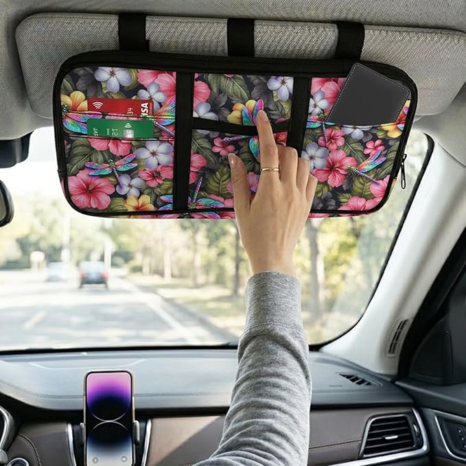 Dragonfly Floral Zippered Car Sun Visor Organizer Pens with Picture Holder Pouch for Electronics with Adjustable Straps and Multi-Pocket Easy Installation Universal Fit for Most Cars SUV
