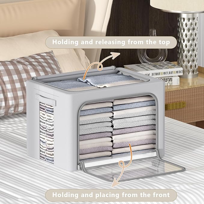 CYhom 4 Pack Clothes Storage Bins - Oxford Fabric Metal Frame Storage Box - Foldable Stackable Container Organizer Set with C