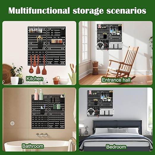 24 Pcs Wall Mount Peg Board Organizer Kits, Black DIY Pegboard Panels with 20 Accessories (Hooks, Clips, Bins, Shelves), Wall