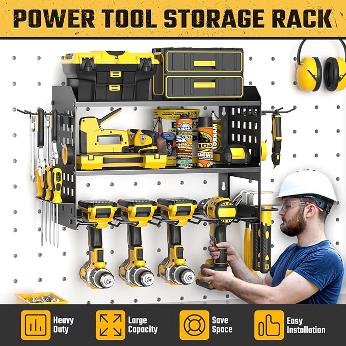 SPACECARE Power Tool Organizer, Drill Holder Wall Mount with 2 Side Pegboards with Hooks, 3 Layer Garage Organization Heavy D