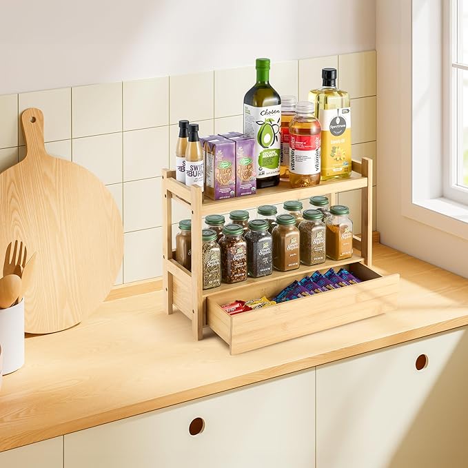 Sorbus Bamboo Bathroom Counter Organizer – 2-Tier Shelf with Hidden Drawer for Vanity, Matcha Station, Bathroom Sink Organize