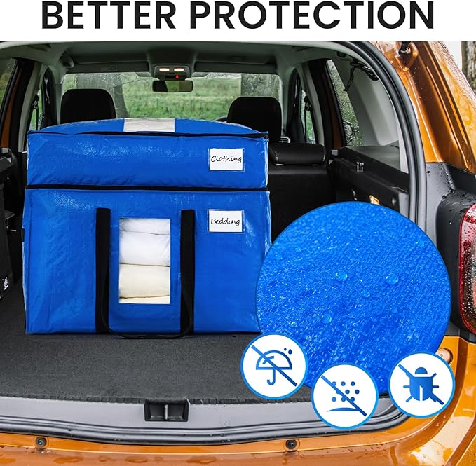 TAILI 2 Tier Extra Large Moving Bags, 4 Pack Blue Heavy Duty Totes for Storage with Visible Window, Wrap Around Handles, Stor