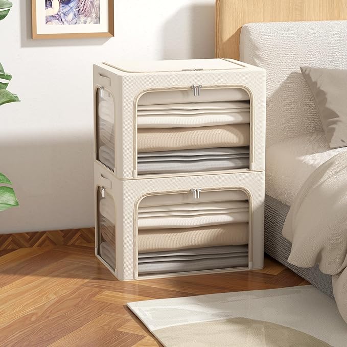 3Pack Clothes Storage Bins - Oxford Frame Storage Box Foldable Stackable Storage Organizer with 3 Openings Design, Metal Fram