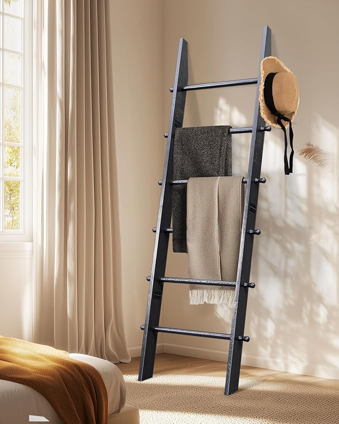 TEAKMAMA 6-Tier Blanket Ladder with Hanging Knobs, 5.5 Ft Wall Leaning Blanket Ladders for Living Room Bedroom,Rustic Decorat