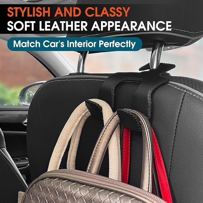 Car Headrest Hooks for Purses and Bags, Upgraded 2 in 1 Cars Back Seat Head Rest Hanger Vehicle Leather Organizer Storage Holder Hook Matching Cars Interior, 1-Pack, Brown