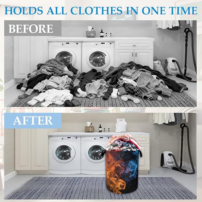 Red Blue Fire Laundry Basket Collapsible Laundry Hamper, Oxford Cloth Storage Bin for Room/Bathroom/Bedroom/Dormitories 16" X