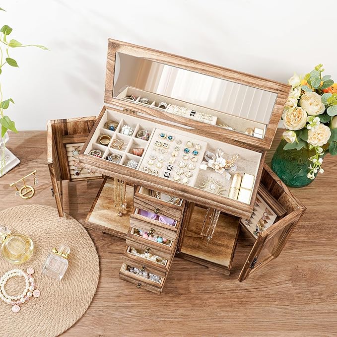 Miratino Jewelry Box for Women Girls, Rustic Wooden Jewelry Organizer Box with Mirror, 5 Layer Jewelry Storage Case Display f
