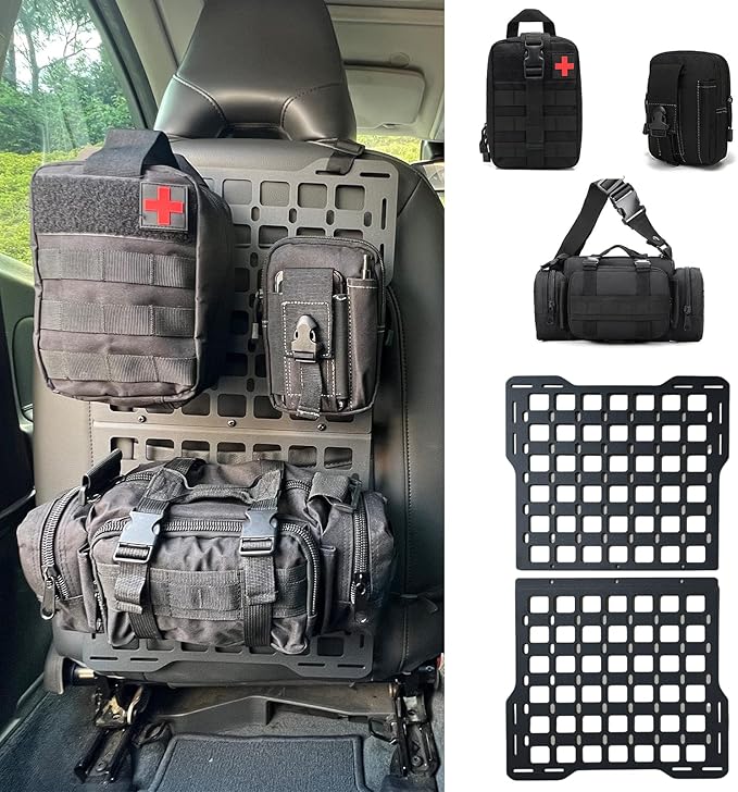 Metal Rigid Molle Panels for Vehicles Alloy Truck Mount Rack Panel Tactical Seat Back Organizer Adjustable Versatile Panel Stronger Than Plastic with 3 Pouches (Molle Panels 3 Detachable Pouches)