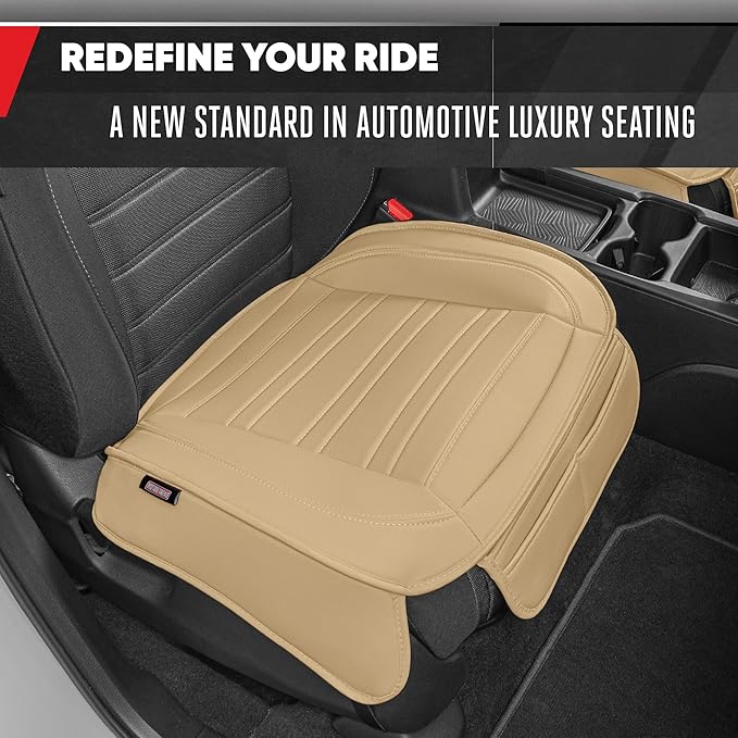 Motor Trend Seat Covers for Cars Trucks SUV, Faux Leather Beige Padded Seat Covers with Storage Pockets, Premium Interior Car