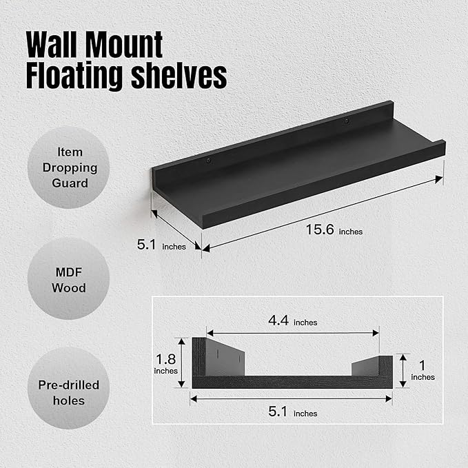 RICHER HOUSE 3 Set Floating Shelves for Wall, 16 inches Black Wall Mounted Shelves with Lip for Storage, Display Picture Ledg
