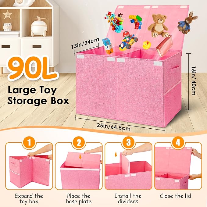 Large Toy Storage Box with Lid Upgraded Toy Chest Organizer with Removable PP Divider Foldable Toy Bin for Kids Boys Girls Li
