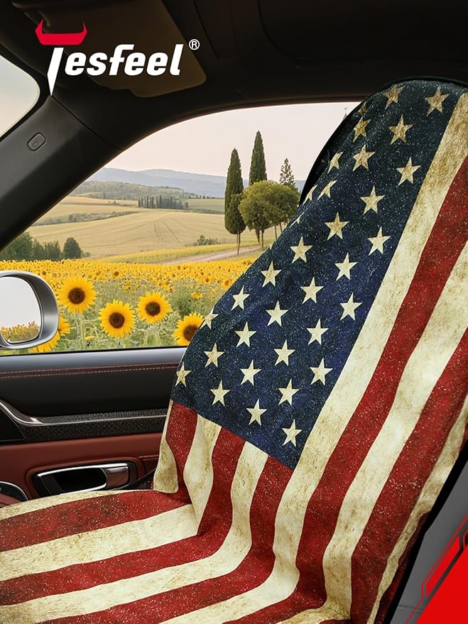 American Flag Car Seat Towel Protector (2-Pack), Waterproof Sweat-Proof Non-Slip Cover for SUV, Truck & Sedan, Patriotic Seat