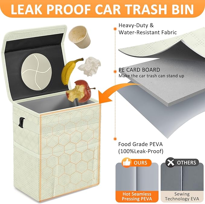 White Car Trash Can Cute, White Car Accessories for Women Waterproof Automotive Garbage Cans Leak Proof Vehicle Trash Can Diamond Pattern-Beige
