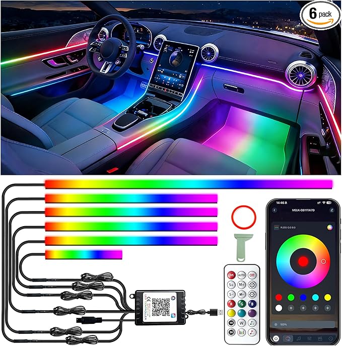 6 in 1 Car Led Strip Lights, Interior Car Lights, App and RF Remote Control Ambient Lighting Kit with RGB 16 Million Colors Fiber Optics&Music Sync Rhythm, USB Neon Light Accessories for Console&Door