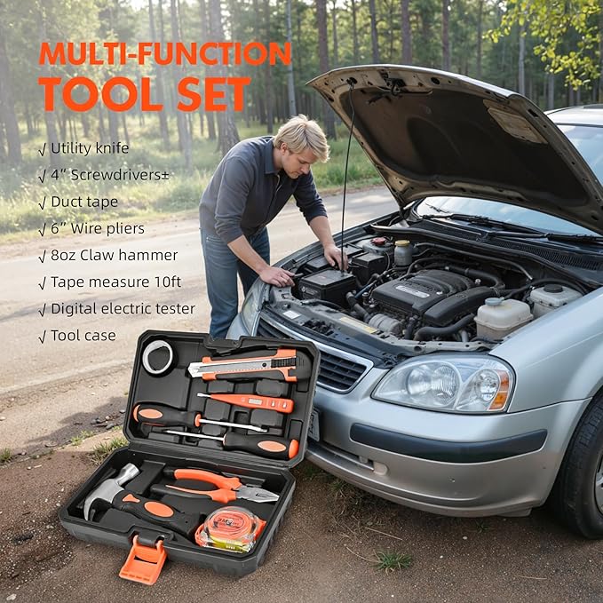 Car Emergency Kit with Portable Air Compressor, First Aid Kit, Jumper Cables, Roadside Safety Emergency Tool Kit for Women, M